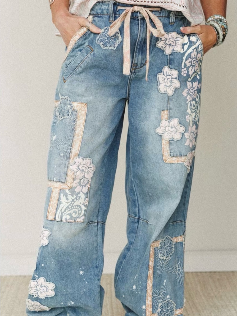NWOT Oli & Hali Vintage Bloom Patchwork Denim Pants - Picture 2 of 8